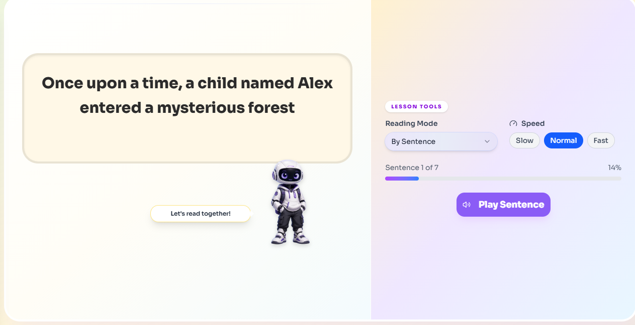 ProficientMe Reading Studio read-along interface